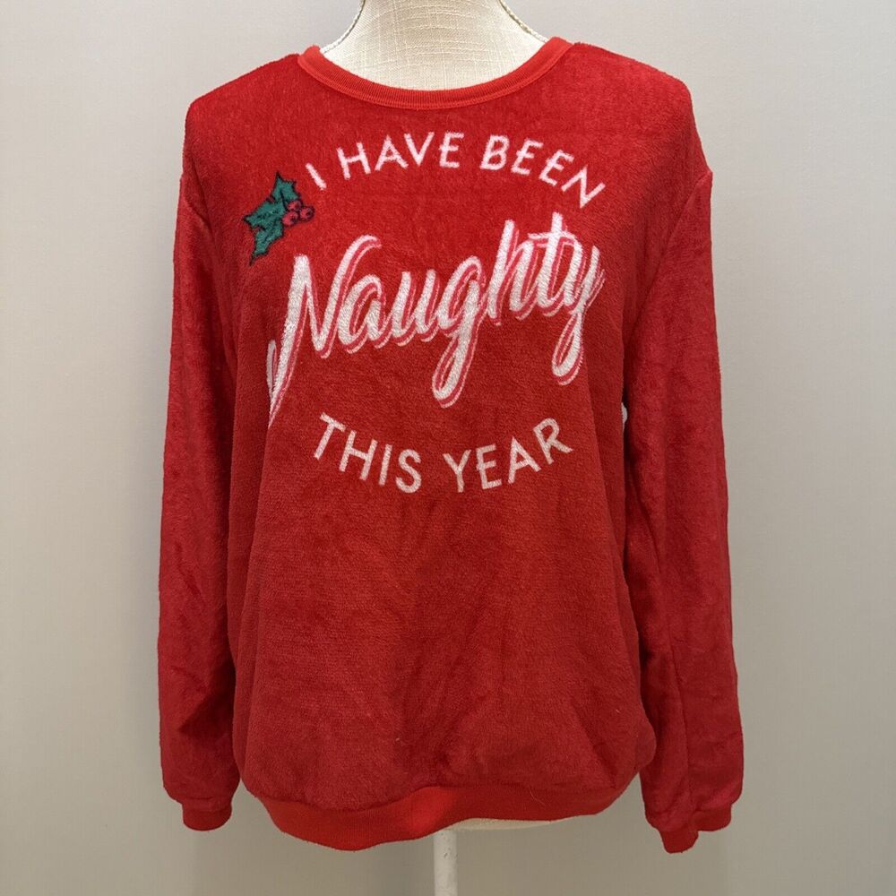 "I Have Been Naughty This Year" Ugly Christmas Party Fleece Sweater Medium Red